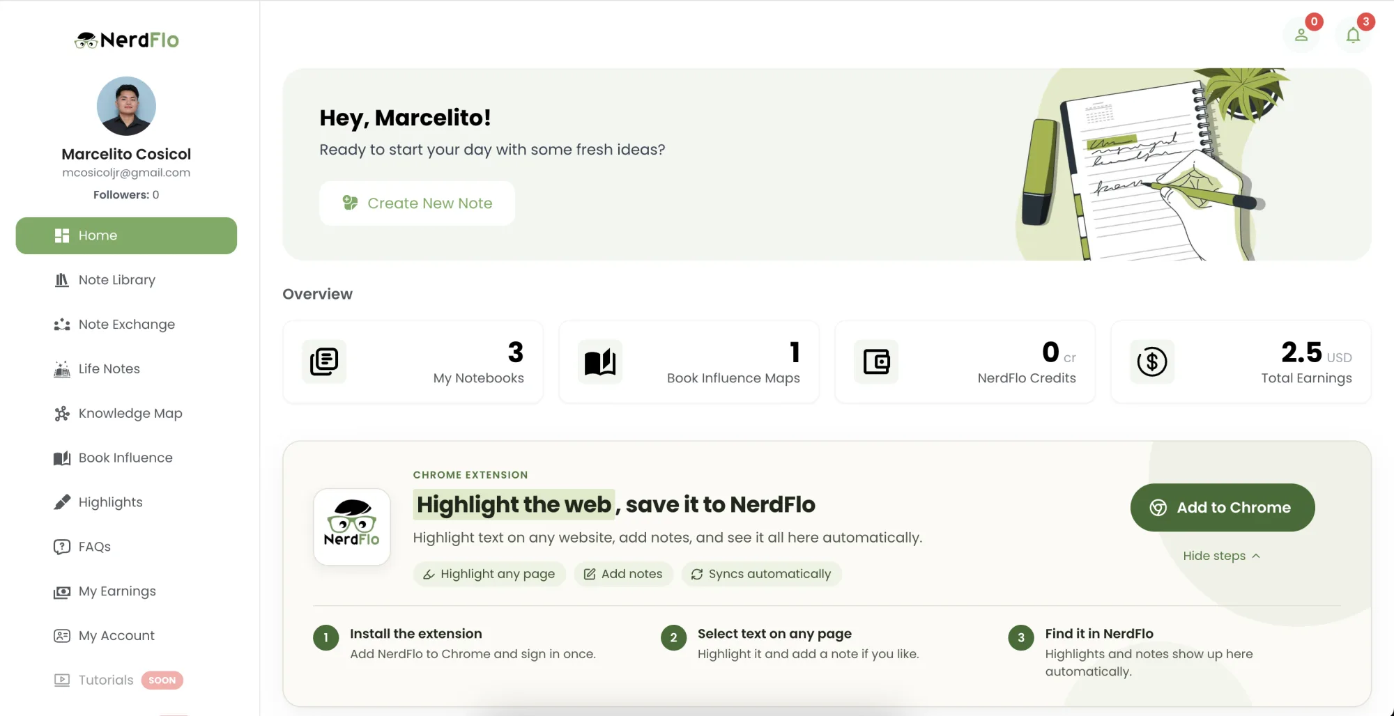 NerdFlo home dashboard with notebooks, book influence maps, credits and earnings