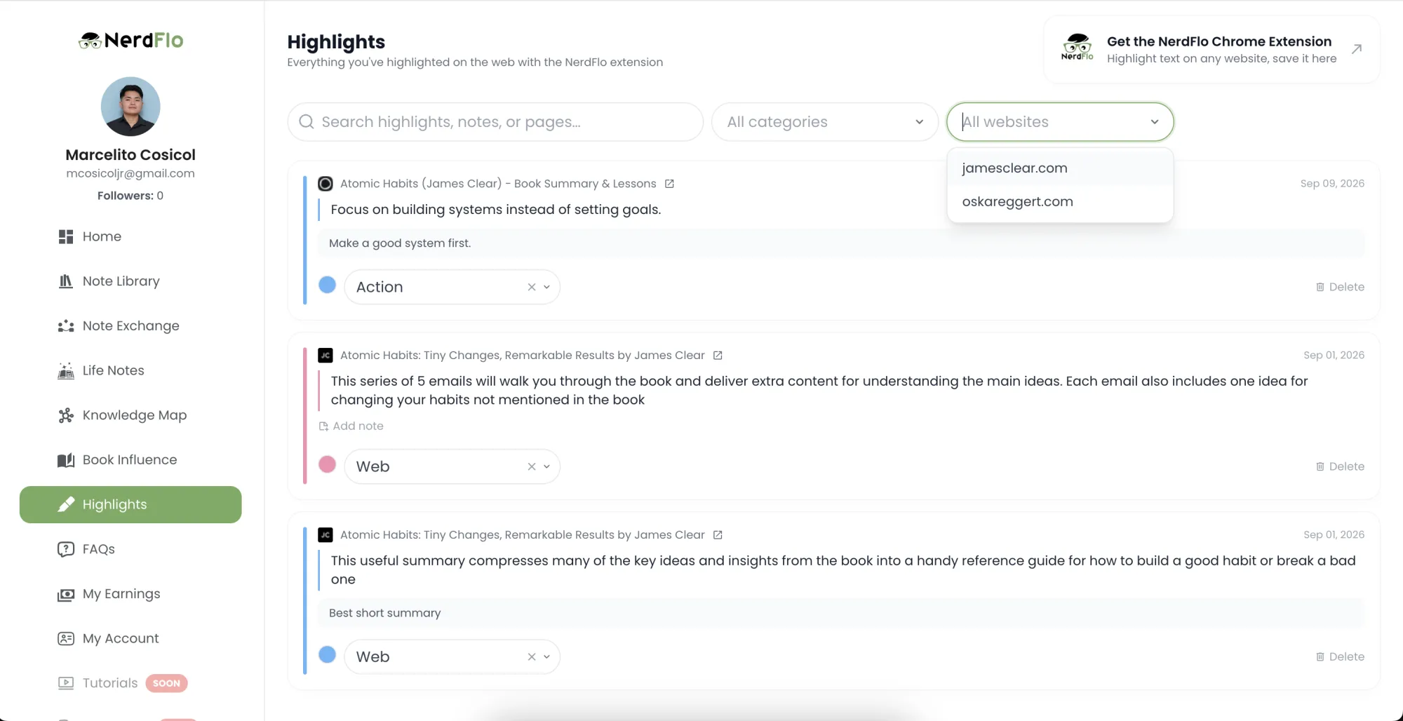 NerdFlo Highlights page listing every highlight saved from the web, filterable by category and website